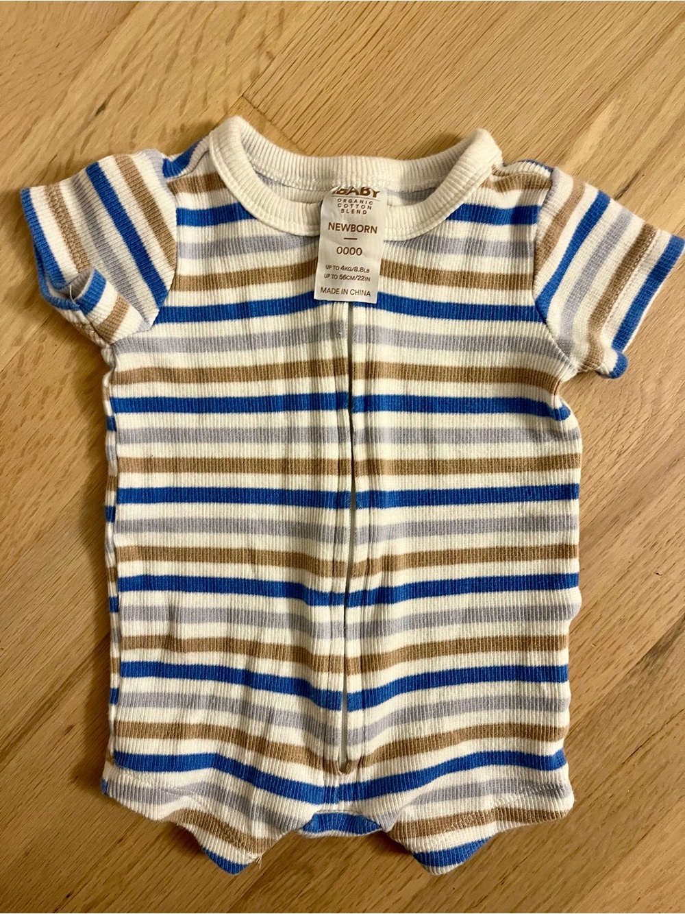 Cotton On Striped Blue & Brown Baby Zip Romper - Newborn